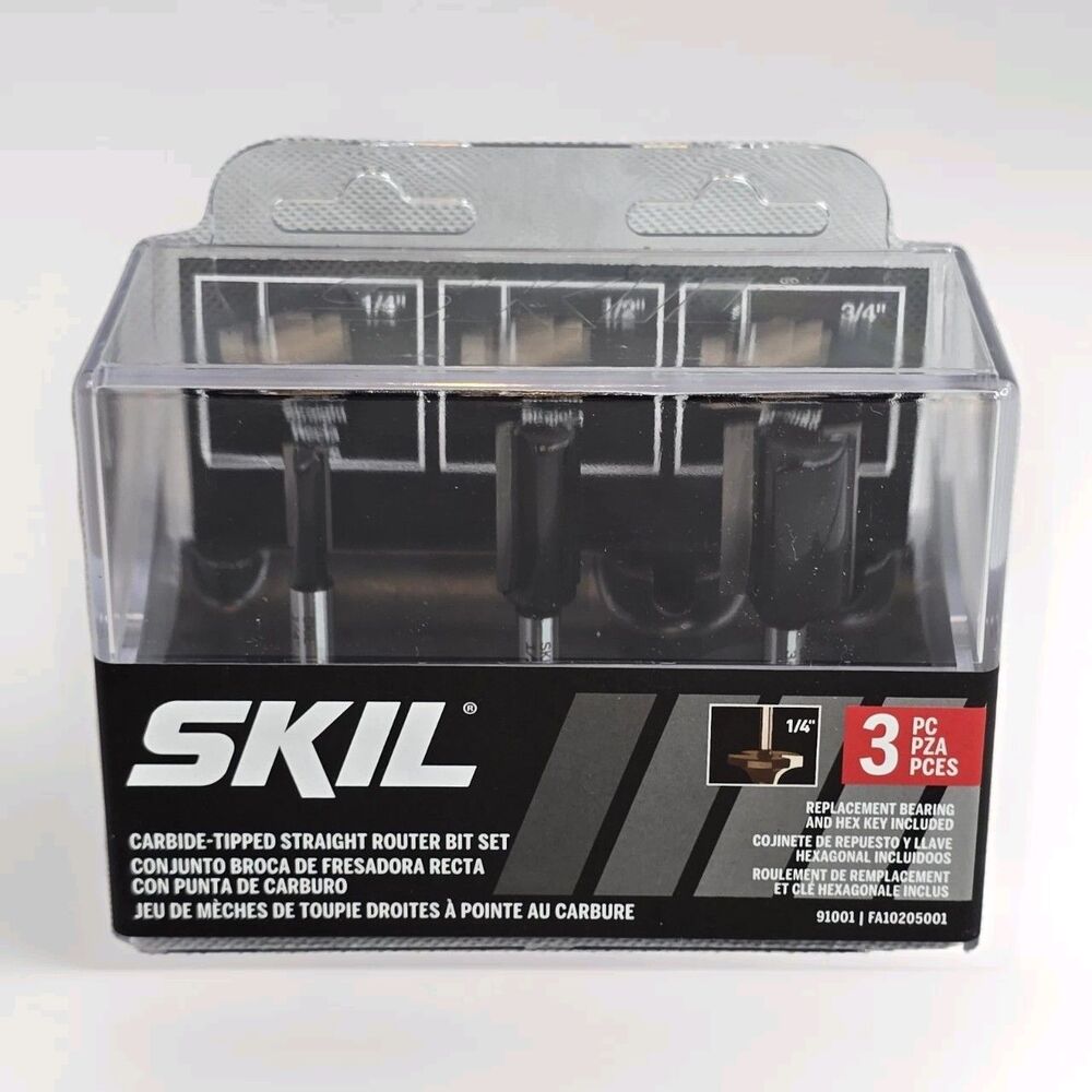 SKIL Router Bit Set 91001 Tipped Straight 3 Piece Includes 1/4" 1/2" 3/4" Bits